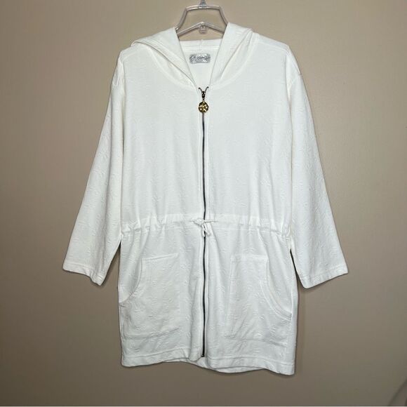 J. Valdi Palm Resort Wear White Full Zip Hooded Cinched Waist Tunic Swim Cover - Picture 6 of 16